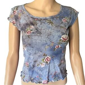 Blue and Pink July Five  Cap Sleeve Crop Top with Floral Design